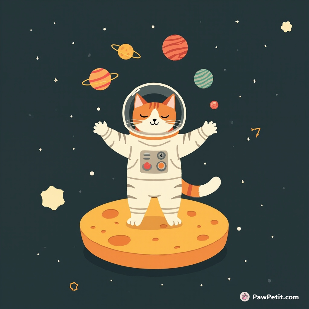 Cat disguised as an astronaut juggling planets on a floating cheese in outer space.