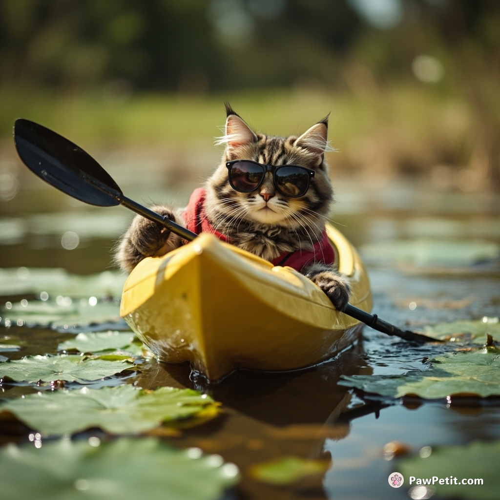Cat dons sunglasses, tries kayaking on a puddle, flips over, and lands with dignity on a lily pad.
