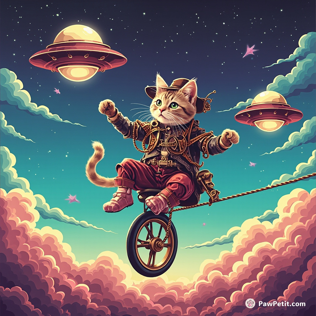 Steampunk cat riding a unicycle on a high wire strung between two hovering UFOs.