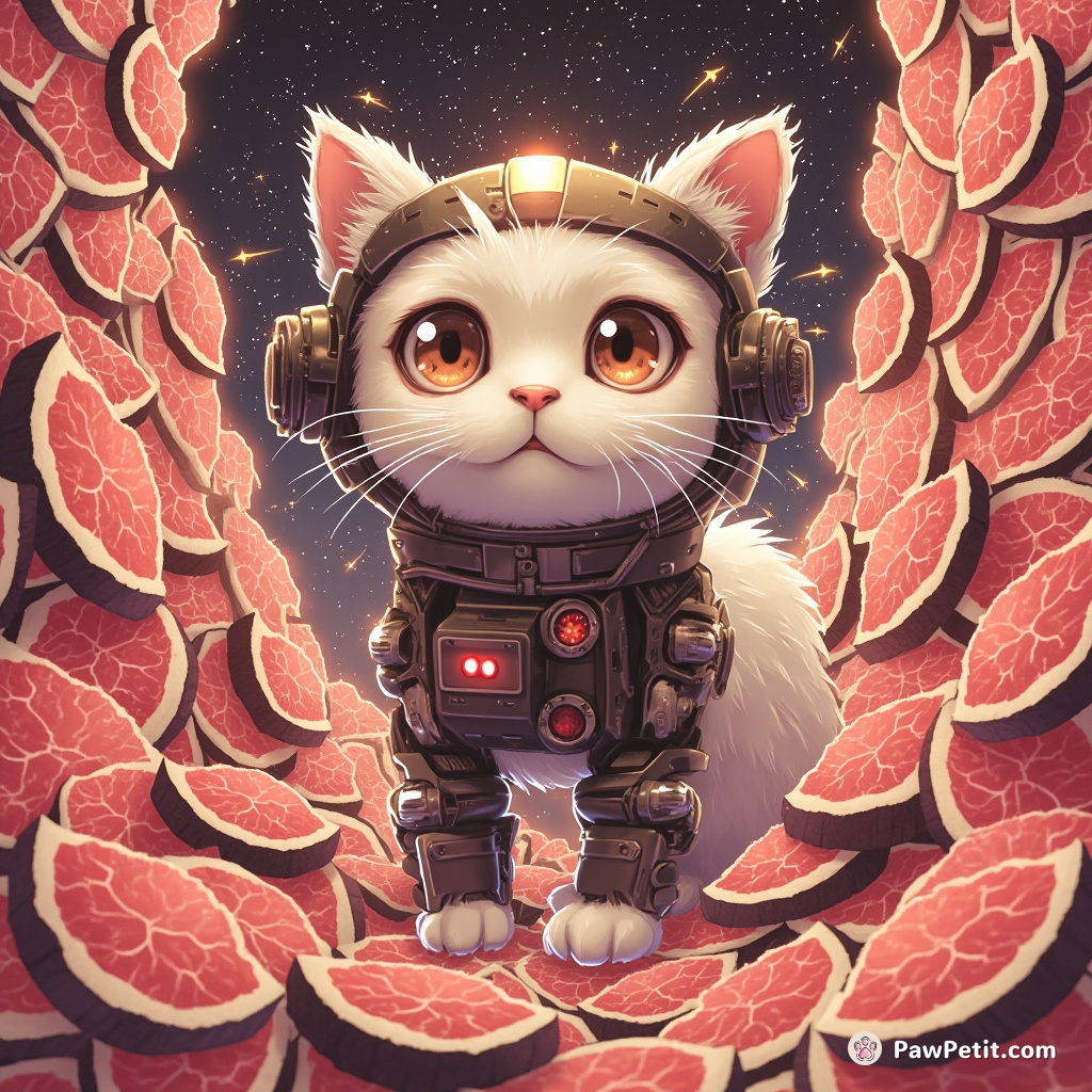 A cybernetic cat breaking the space-time continuum with its melodious purr, surrounded by fractal slices of tuna fish.