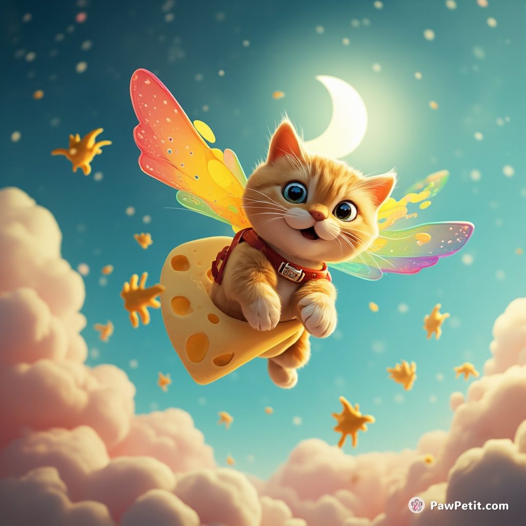 A cat skydiving off a cheese moon, spreading rainbow-colored wings wide to touch floating toast fairies.