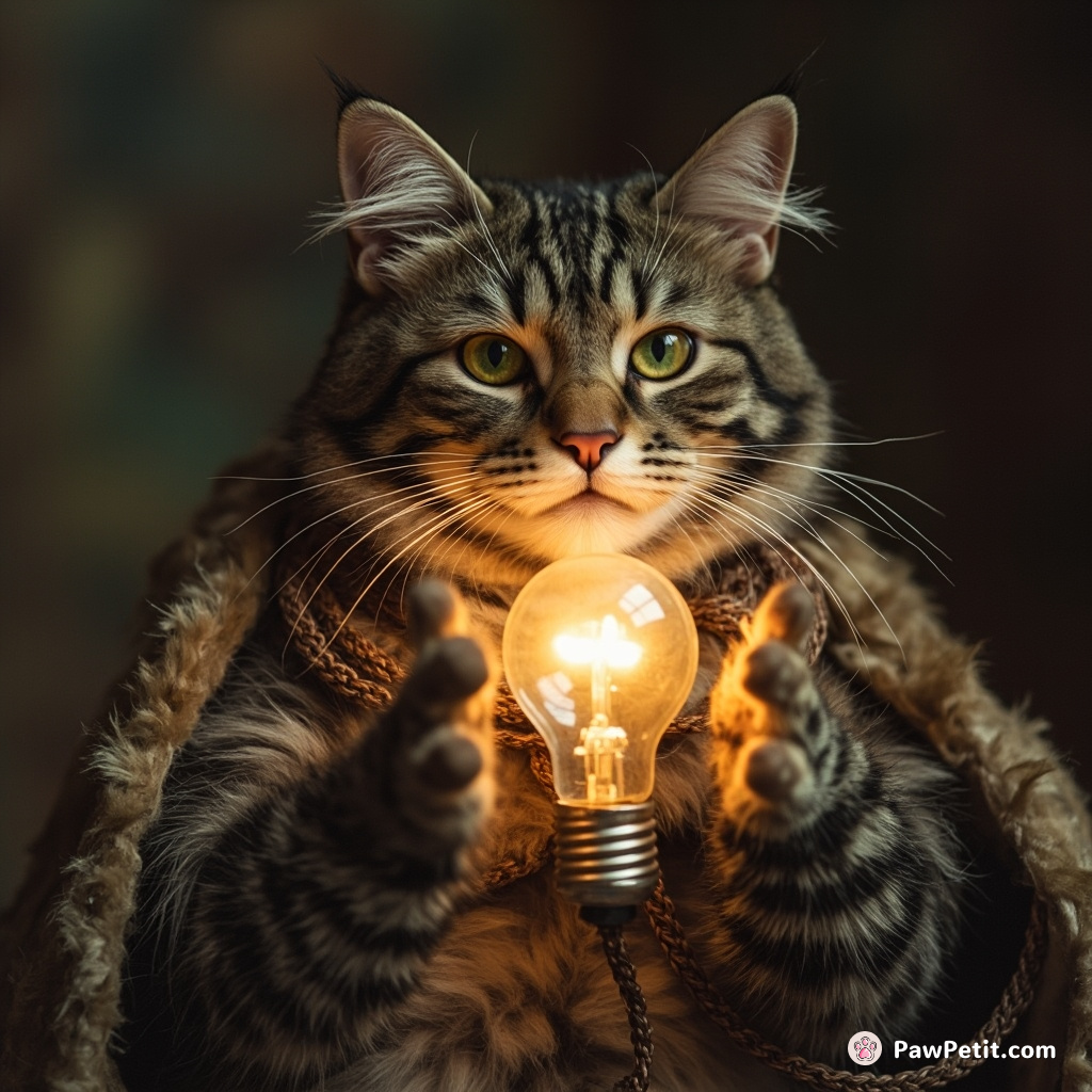 Victorian-era cave-cat unveiling a never-before-seen light bulb powered by mackerel dreams.