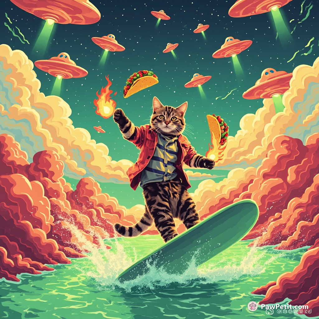 A cat juggling flaming tacos while surfing on a river of neon-green custard under a sky filled with flying saucers.