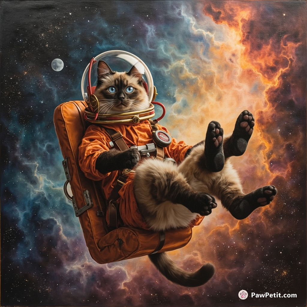 A Siamese cat nonchalantly floating in an astronaut suit in a vivid nebula, paw leisurely flipping through an ancient mystical tome.