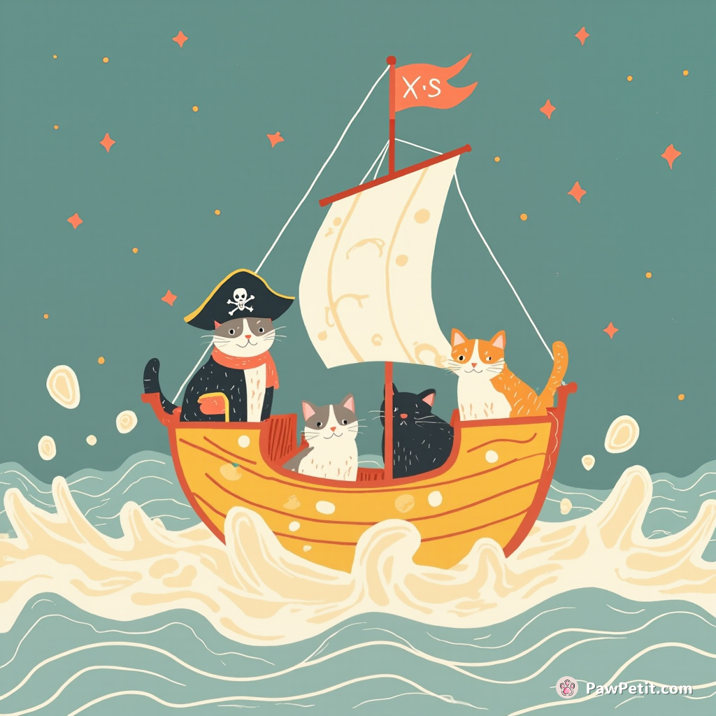 A band of pirate cats sailing a cheesy galleon on an ocean of milk under a sky speckled with salmon stars.