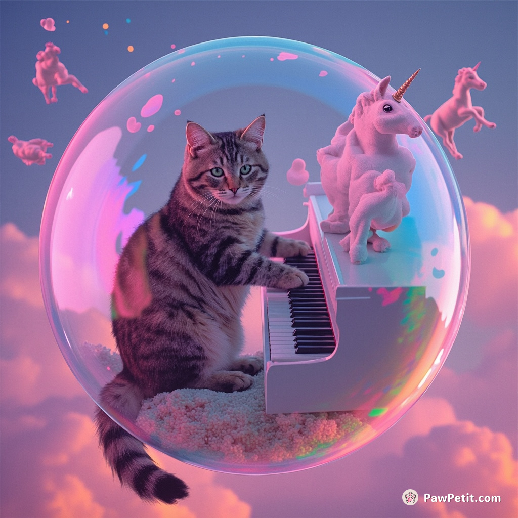 Cat playing a rainbow-colored piano in a floating bubble with mini-unicorns.