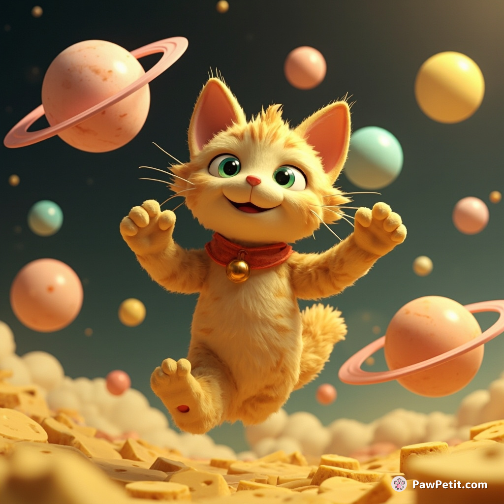 A giant cat using planets as a yo-yo in the rule of a cheese-inspired dreamworld.