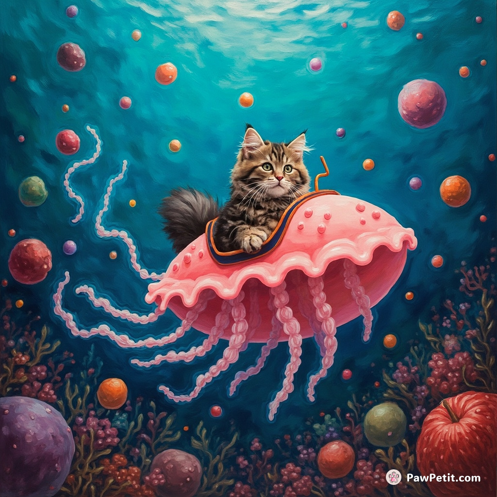 A cat piloting a jellyfish-shaped submarine under a neon sea populated by floating fruit.