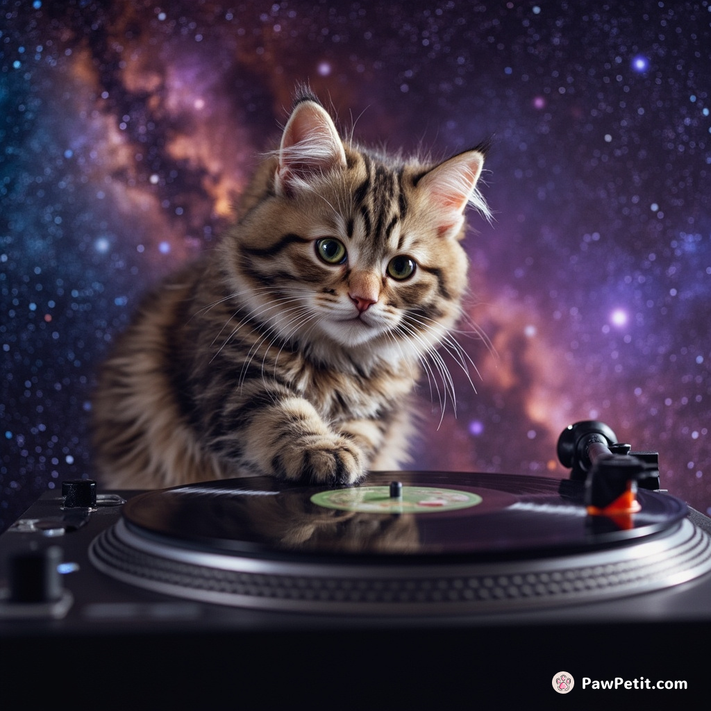 Cat DJ scratching vinyl records on a spinning galaxy turntable, bathing in multicolored nebulas.