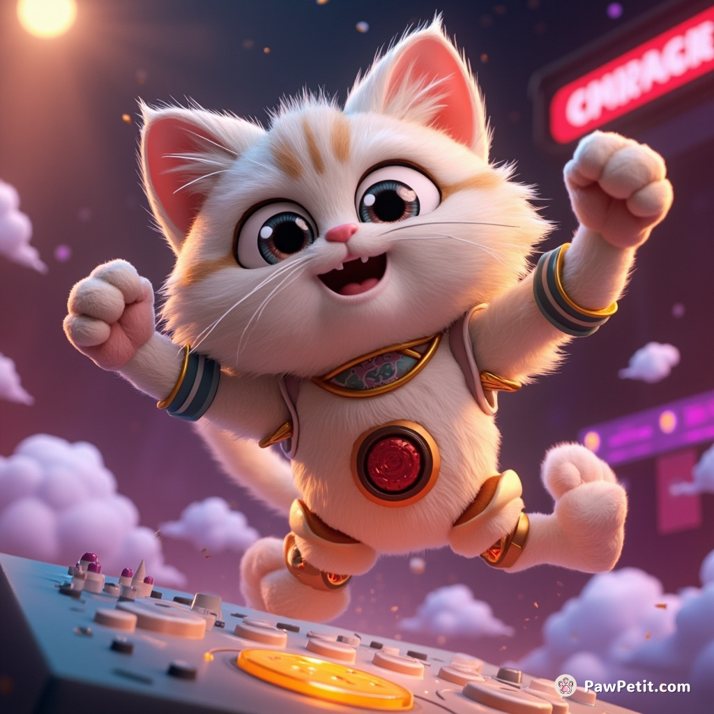 Fluffy the cat acrobatically leaps, landing on a control panel, deftly triggering a galactic disco dance with a swat of its paw.