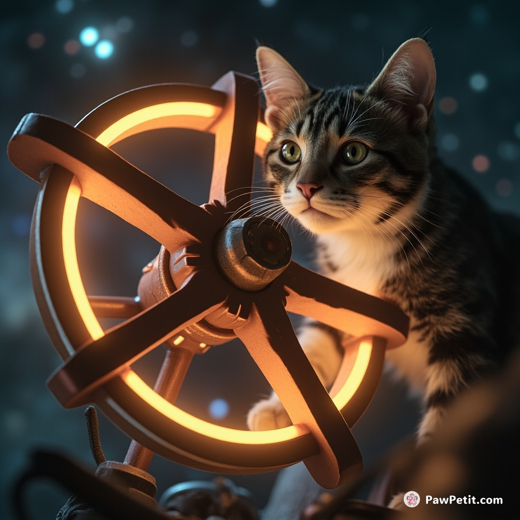 A tabby cat activates a galaxy-hopping engine by pawing a giant, glowing, interdimensional mouse wheel.