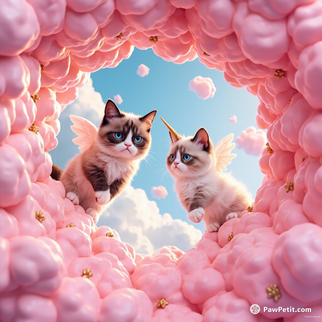A pair of Grumpy Cat angels floating on popcorn clouds in a bubblegum-pink wormhole, exchanging glares with three-headed unicorn kittens.