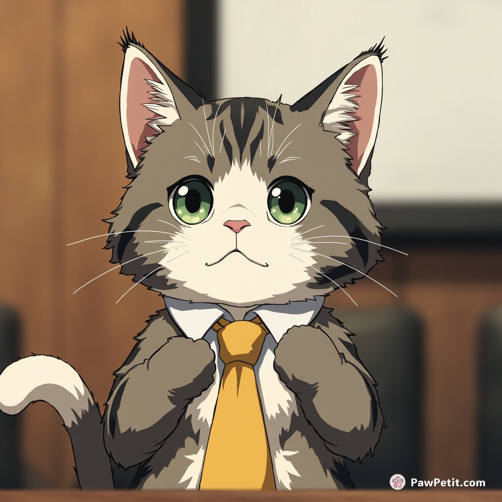 The cat, with exaggerated seriousness, adjusts its invisible tie and clears its throat before delivering a keynote speech on "mice of the future.