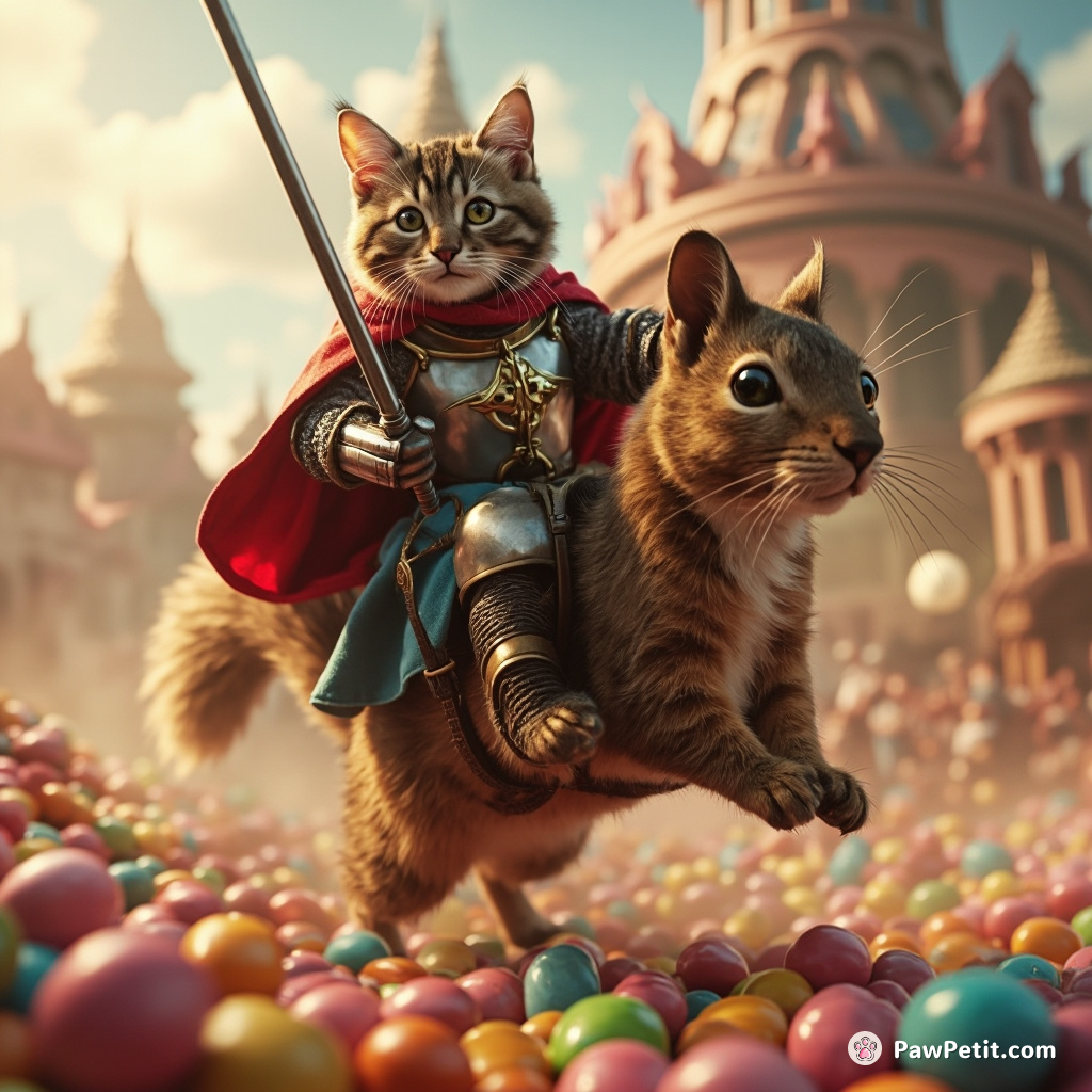 Cat knight jousting on squirrel steed in a colourful candy kingdom.
