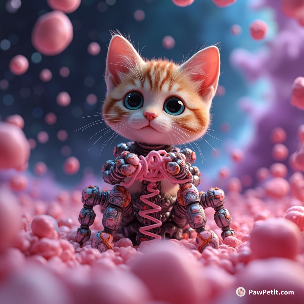 Eight-legged cyborg cat knitting DNA strands amid a zero-g bubblegum nebula.