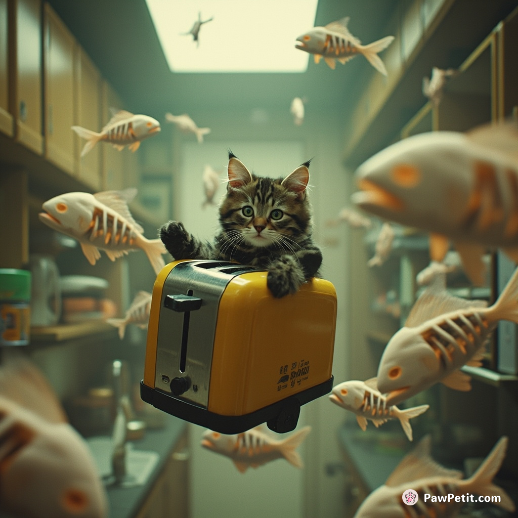 Cat operating a flying toaster in a zero-gravity kitchen filled with floating fish skeletons.
