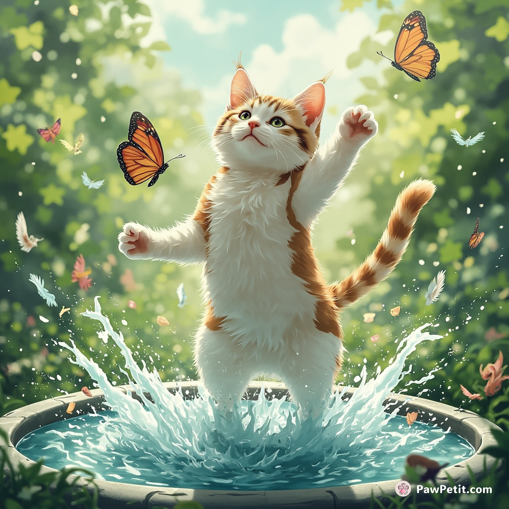 Leaping in ecstasy onto a butterfly, the cat plunged into the birdbath, causing a riotous cascade of feathery commotion.