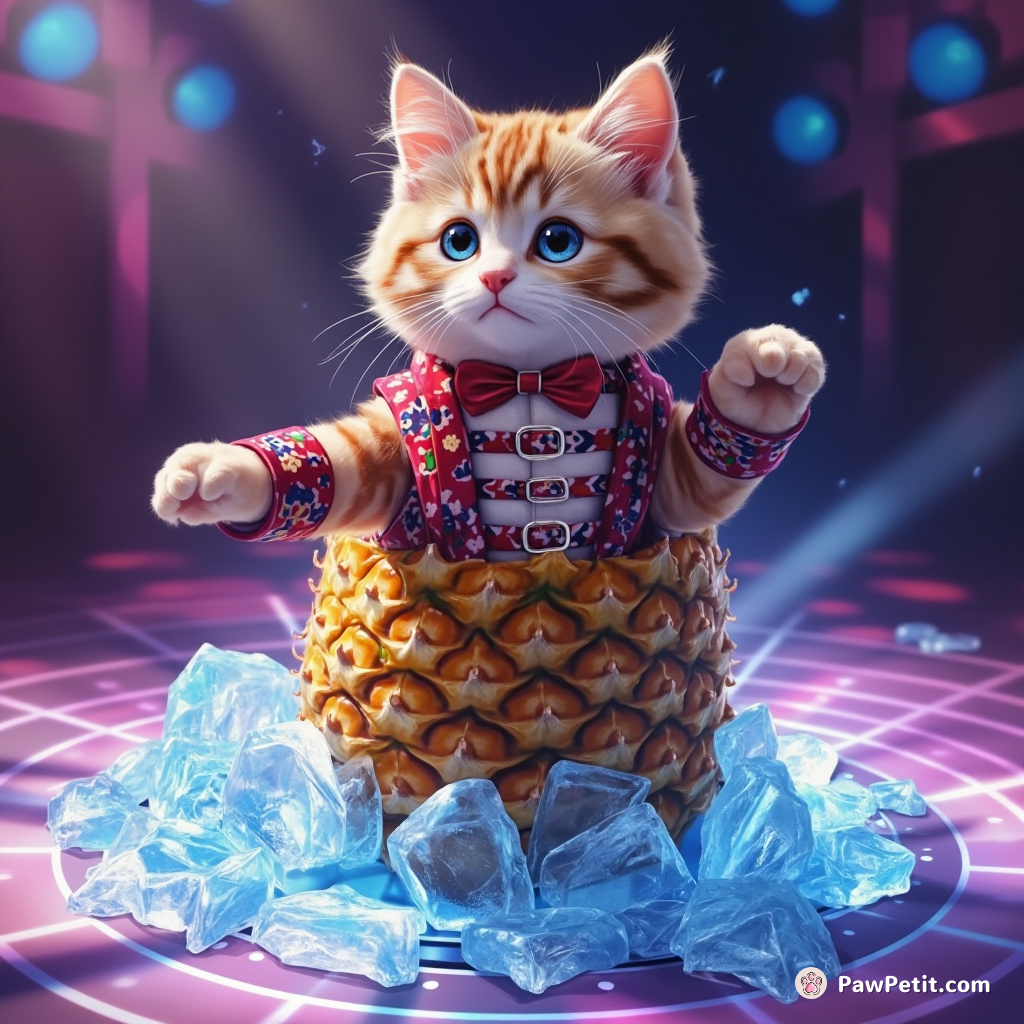 A feline magician in a Houdini-style straitjacket, escaping from a pineapple made of ice on a disco dance floor.