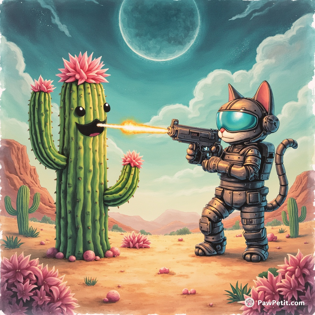 Cybernetic cat dueling a sentient cactus with laser guns in neon desert landscape.