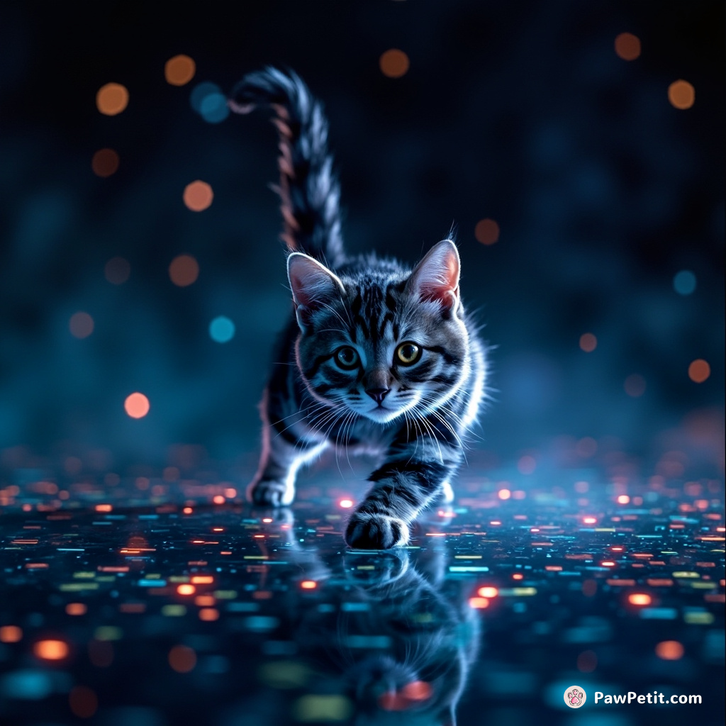 The digital feline stealthily sways its tail, pouncing on zeros and ones like holographic mice within its pixelated world.