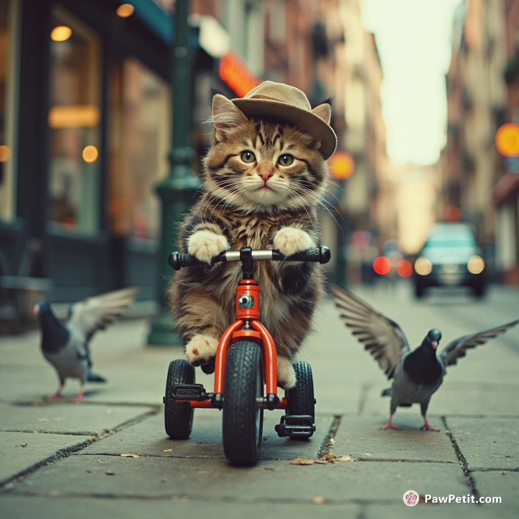 Cat dons tiny hat, commandeers a tricycle, wobbles down sidewalk, chased by bewildered pigeons.