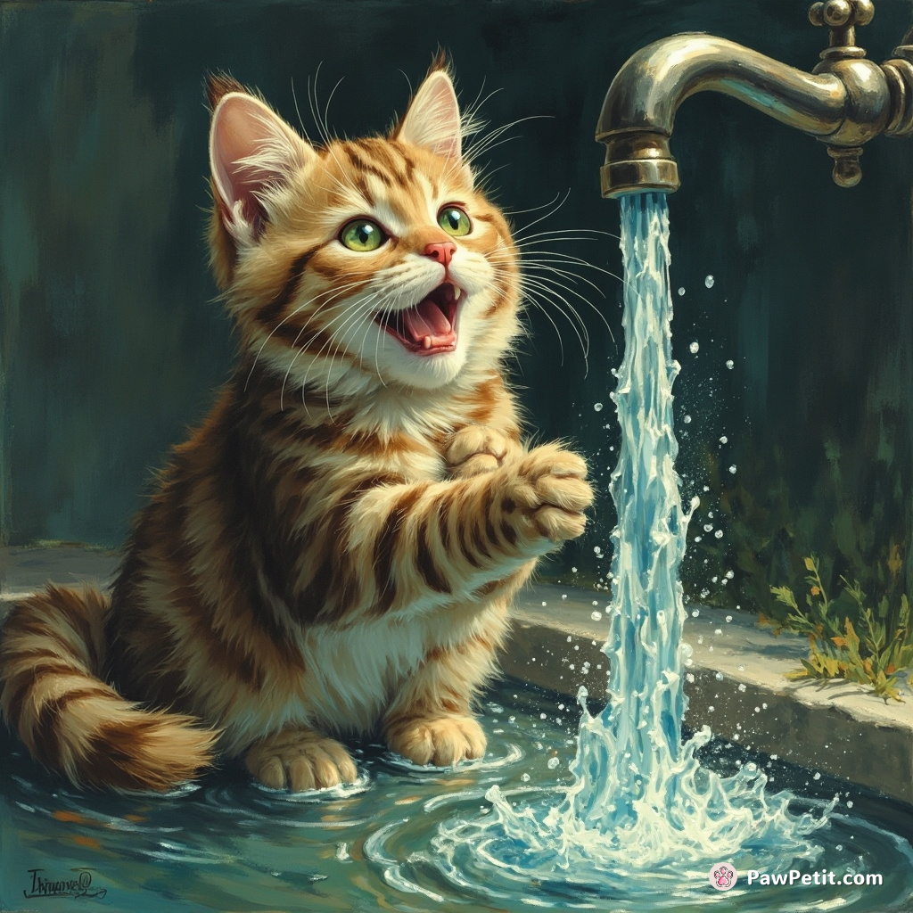 The cat constantly tries to catch running tap water, believing humans survive by fishing for their food.