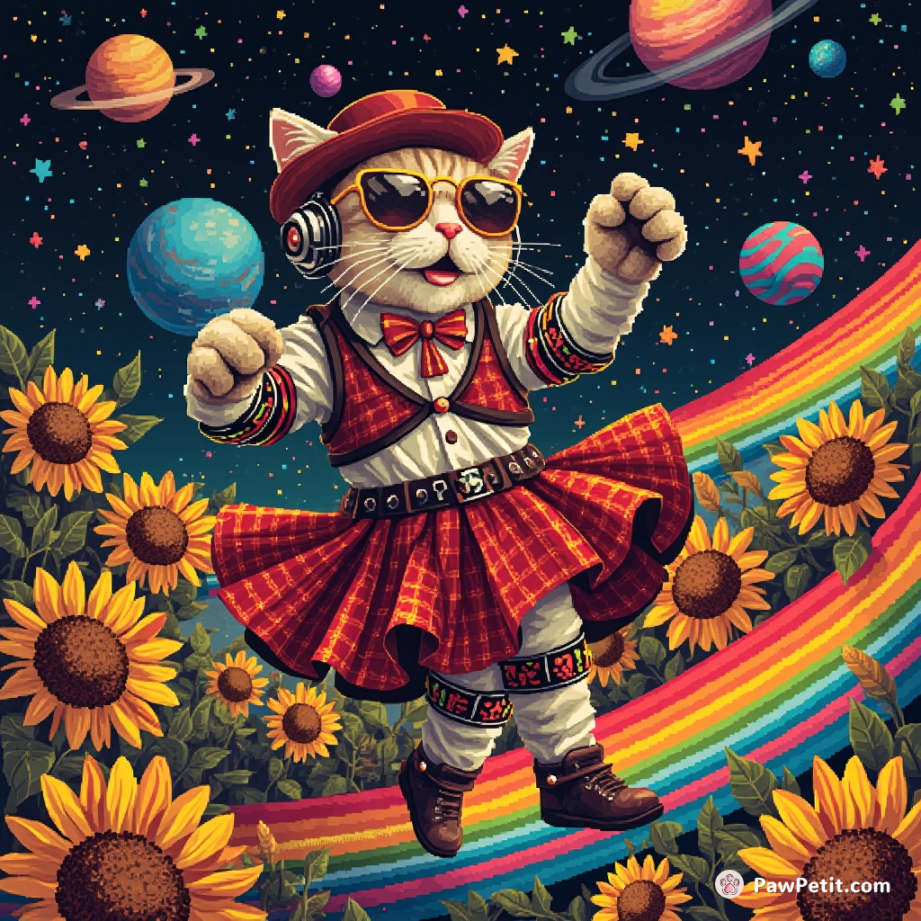 Cyborg cat deutsch-polka dancing with sunflowers in a galactic-oktoberfest on Saturn's rainbows.