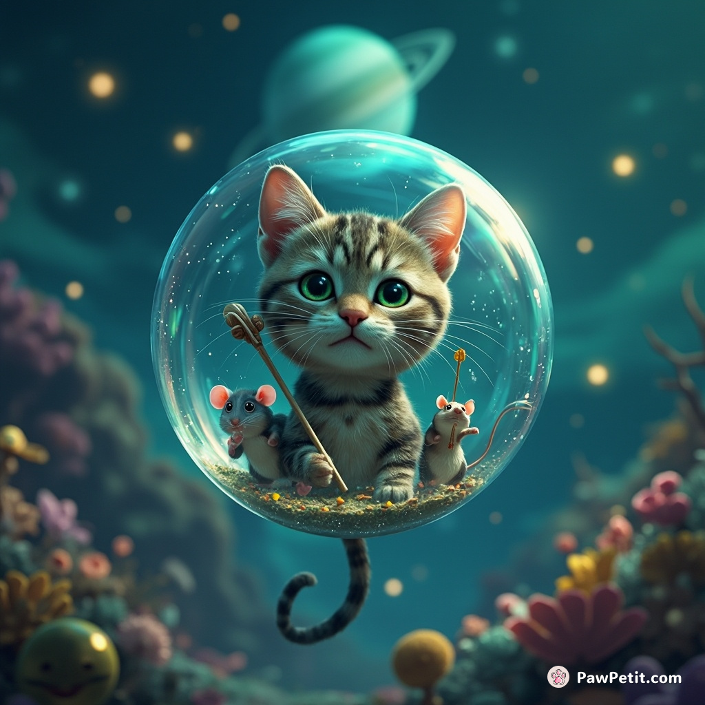 A tabby cat rigorously conducting a mice orchestra in an intricate undersea bubble against the backdrop of Neptune, celestial bodies gleaming faintly amidst curious aquatic spectators.