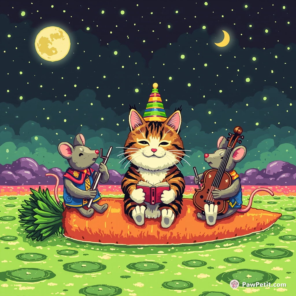 Cat conducting a mouse orchestra on a floating carrot in the sea of lime jelly under a polka-dot moon.