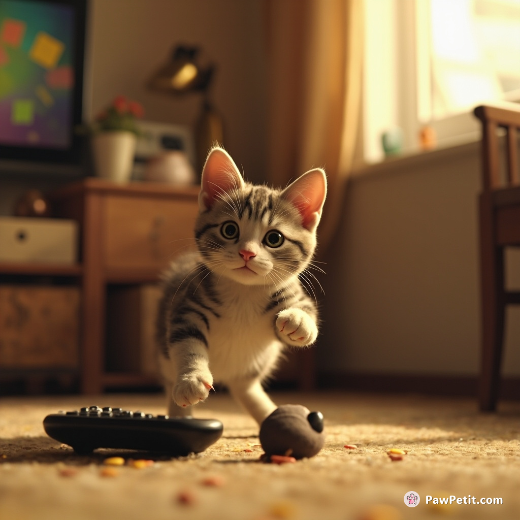 The cat pounces on a remote, thinking it's a mouse, misunderstanding human entertainment.