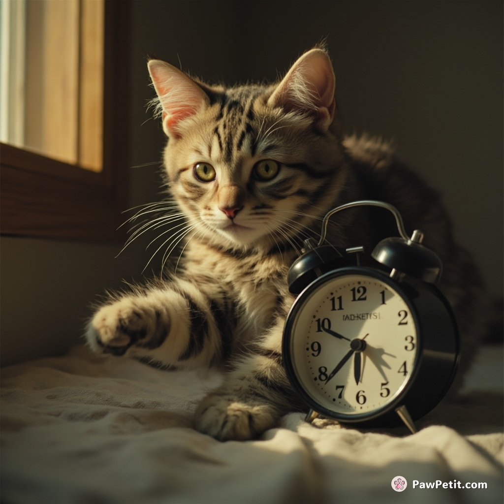The cat swipes dutifully at a ringing alarm clock, misunderstanding it as predatory noise rather than morning's call.