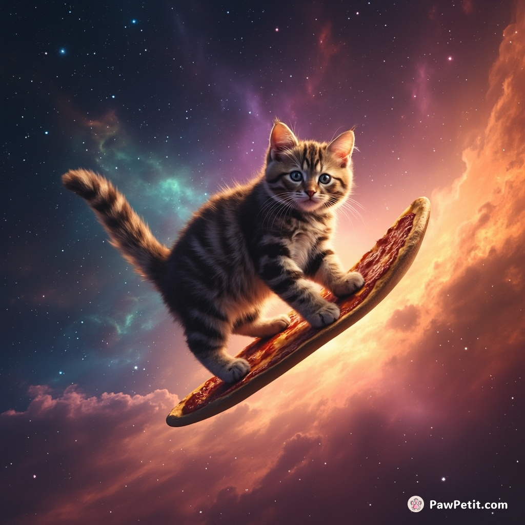 A cat surfing on a slice of pizza through a galaxy full of rainbow-colored nebulae.