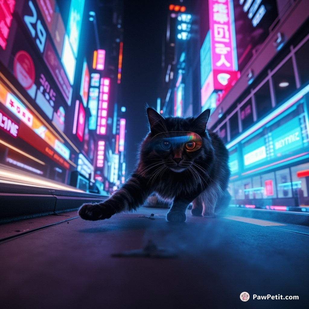 Silhouetted against neon holographics, tabby cat wirelessly hacks self-driving taxi access codes, darting through the pulsating cityscape.