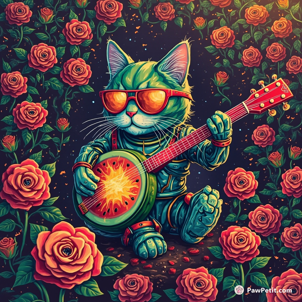 Cybernetic cat playing an explodable watermelon like a banjo in a garden filled with carnivorous rainbow-colored roses.