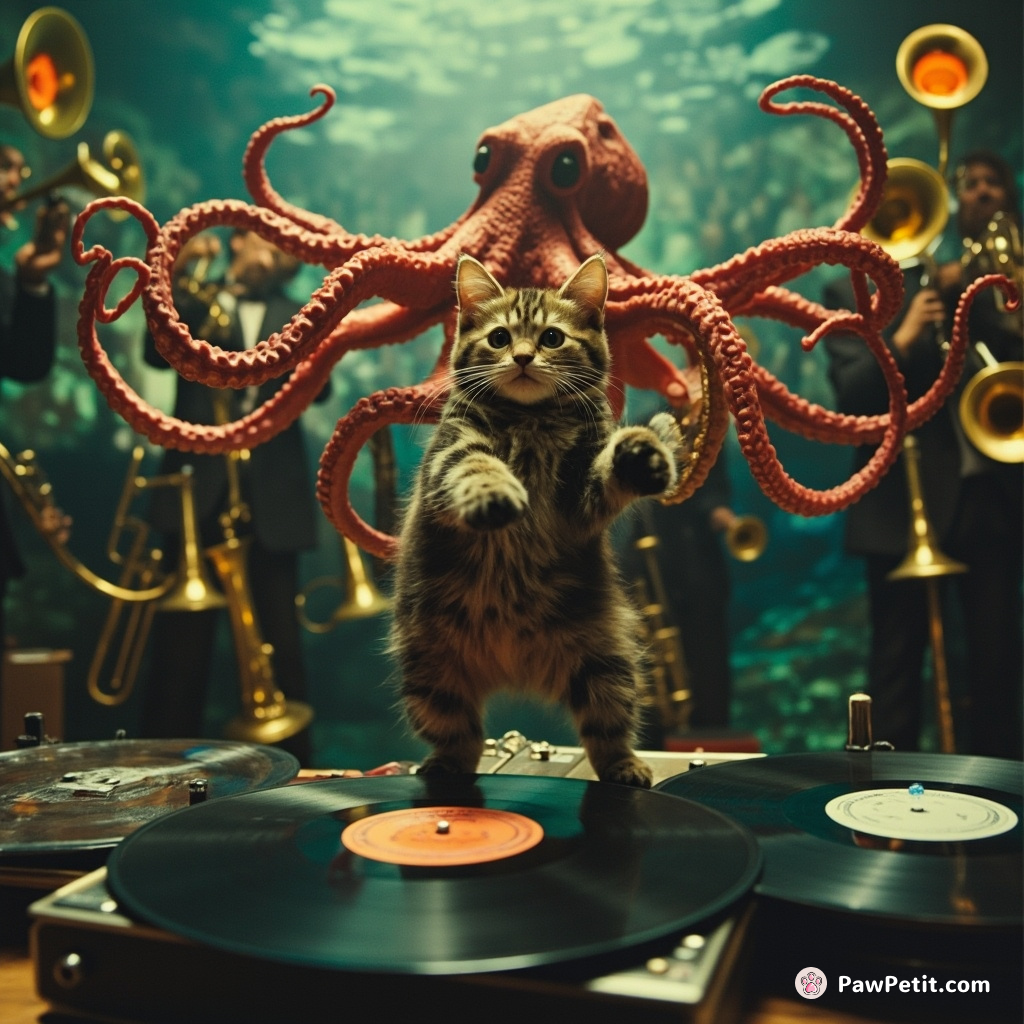 Cat breakdancing on vinyl records while a technicolor octopus conducts an underwater brass band.