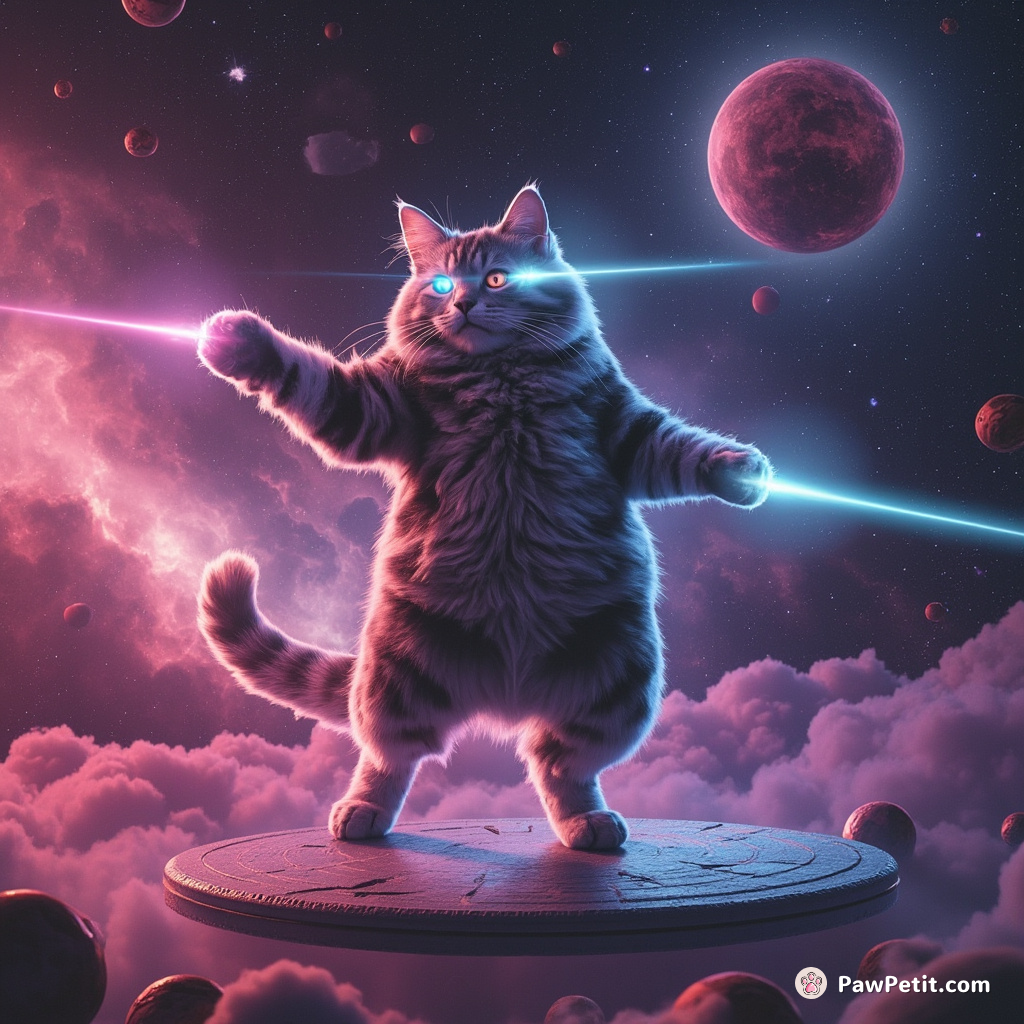 A gigantic cat breakdancing on a floating disc in the middle of cosmic nebula while lasers shoot from its eyes.