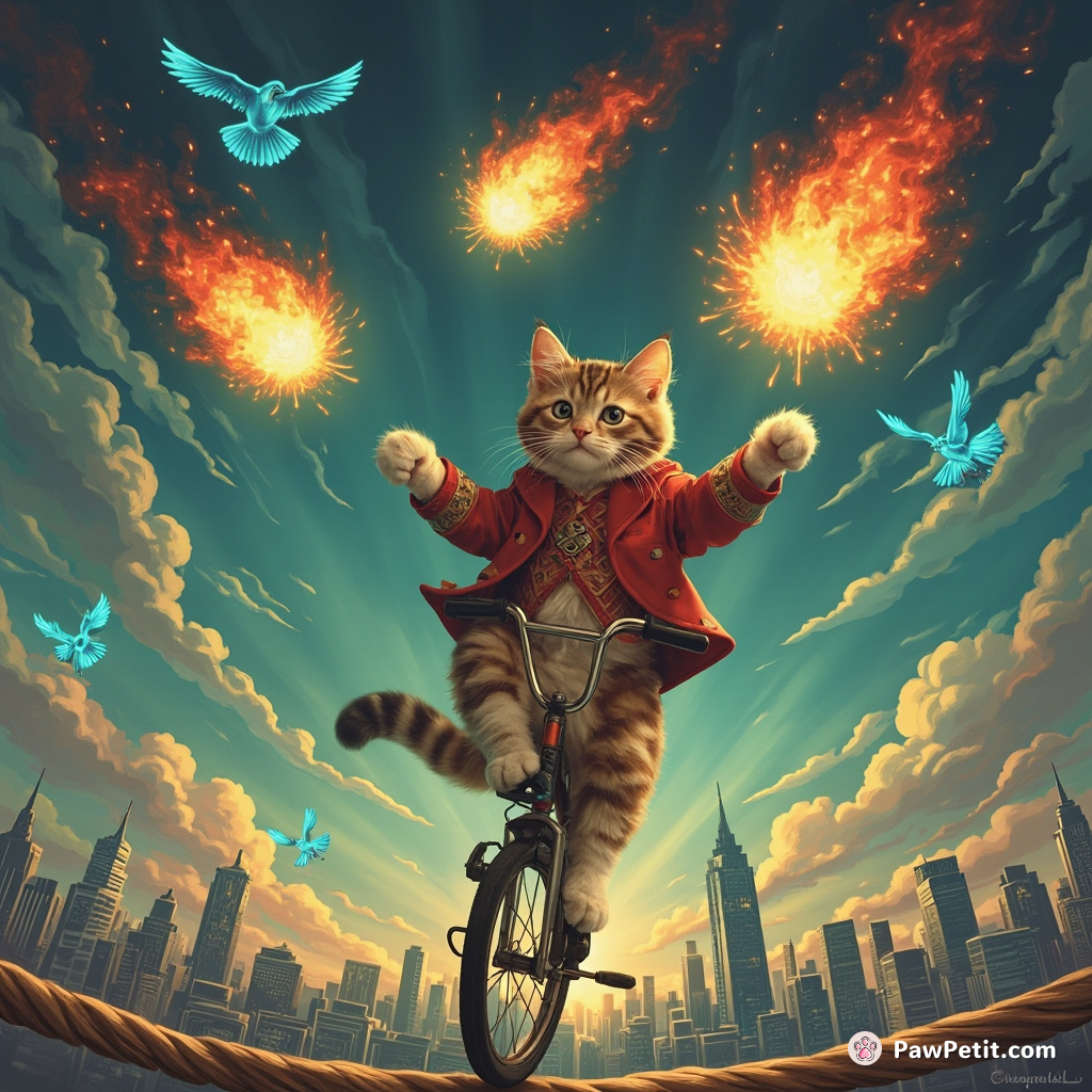 A cat juggling fireballs while riding a unicycle on a tightrope over a city skyline, with neon birds flying alongside.