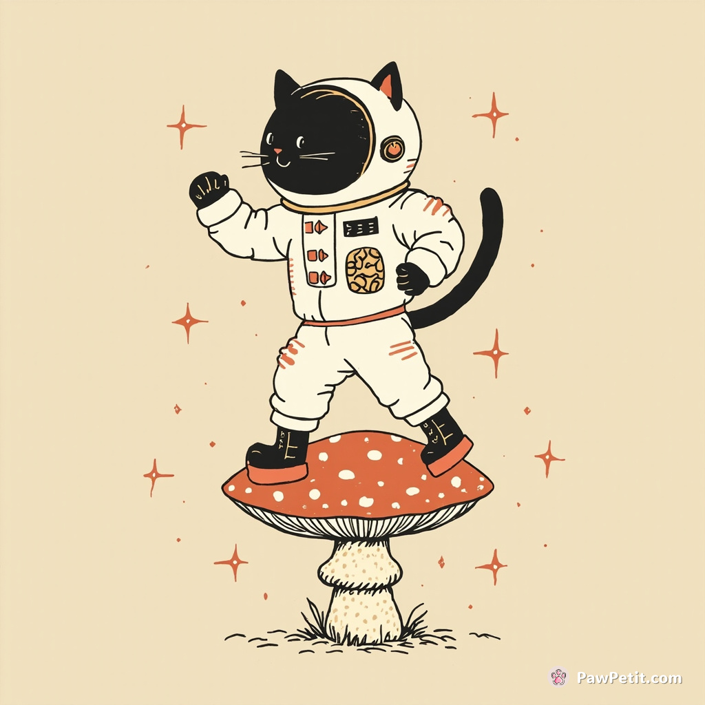 Cat tap-dancing on a mushroom in a space suit, with comets as tap shoes.