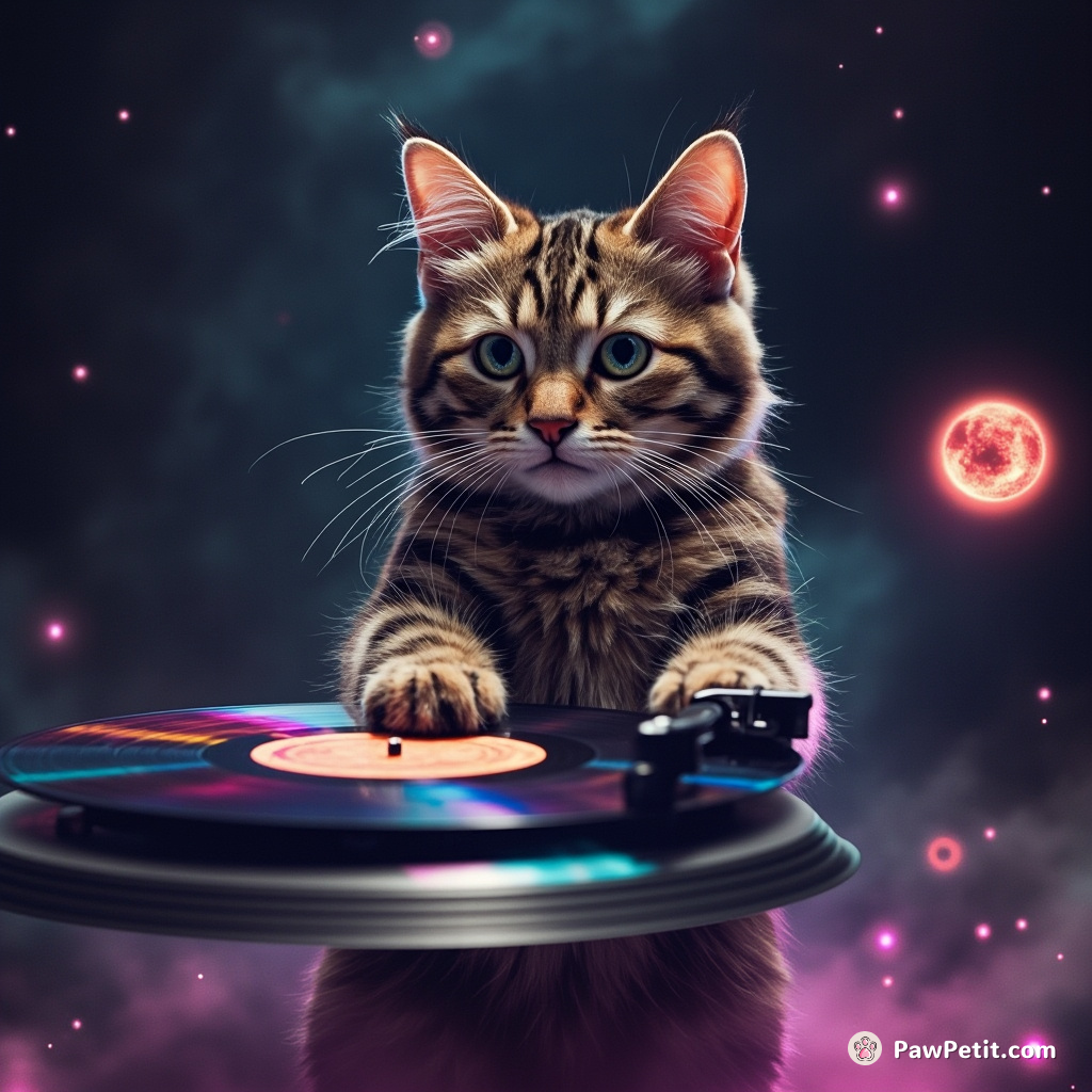 A psychedelic cat DJ spinning galaxy vinyl records on a floating turntable amidst a sparkling black hole.