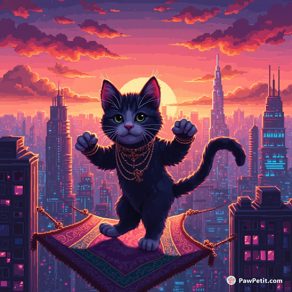 A cat tap-dancing on a flying carpet over a neon-lit cityscape at sunset.