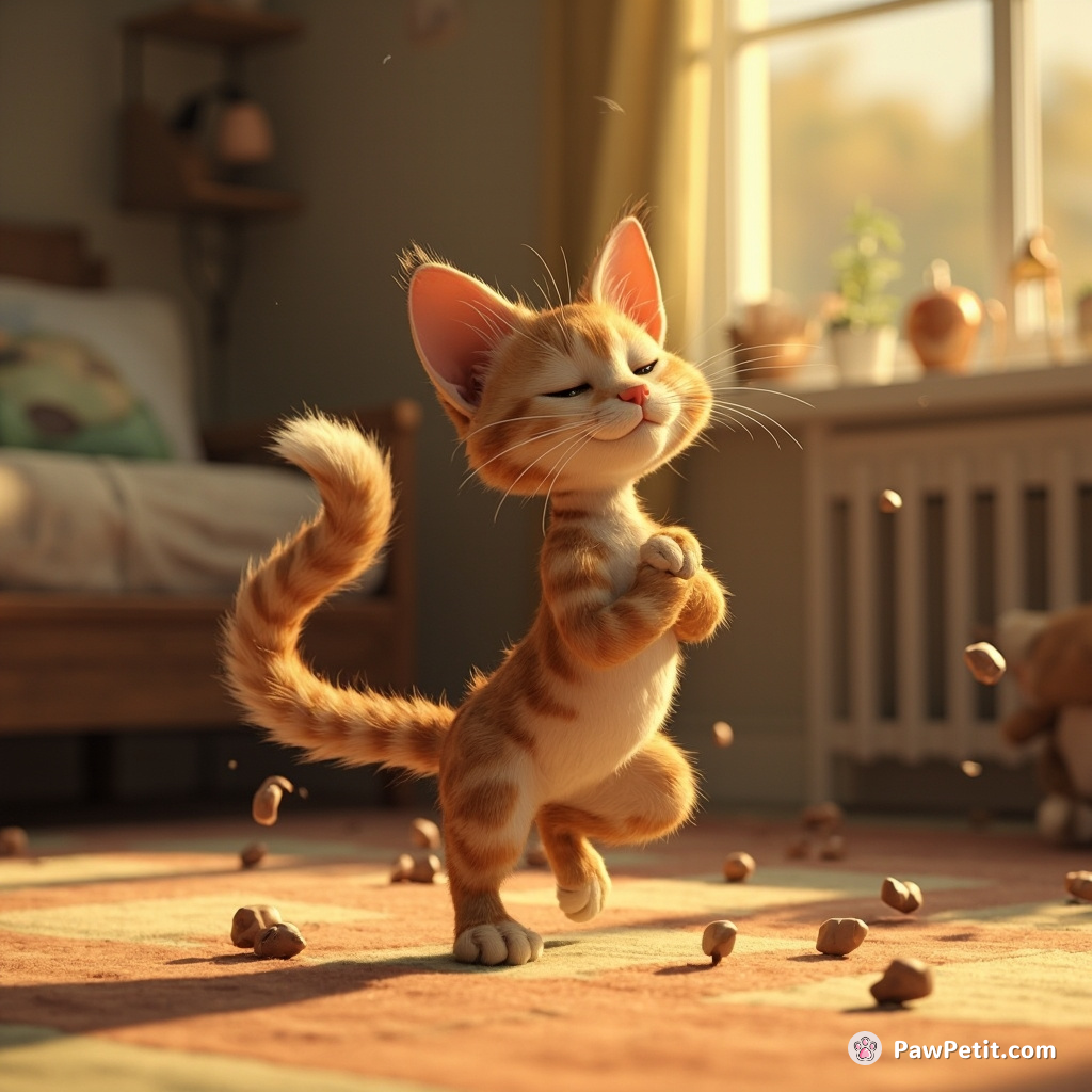 Whiskers practices yoga, striking a pose while chasing his own tail, dreaming of morning coffee and a newspaper.