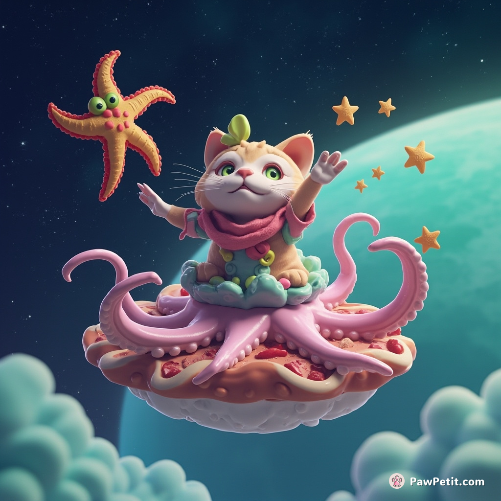 Cat wrangling interspace starfish while riding a floating gaudy dessert octopus on a mint-scented moon.