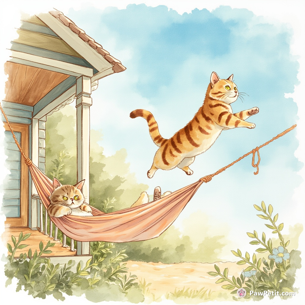 The cat leapt, twisted mid-air, and landed gracefully on the porch, savoring the outdoor breeze like a human lounging in a hammock.