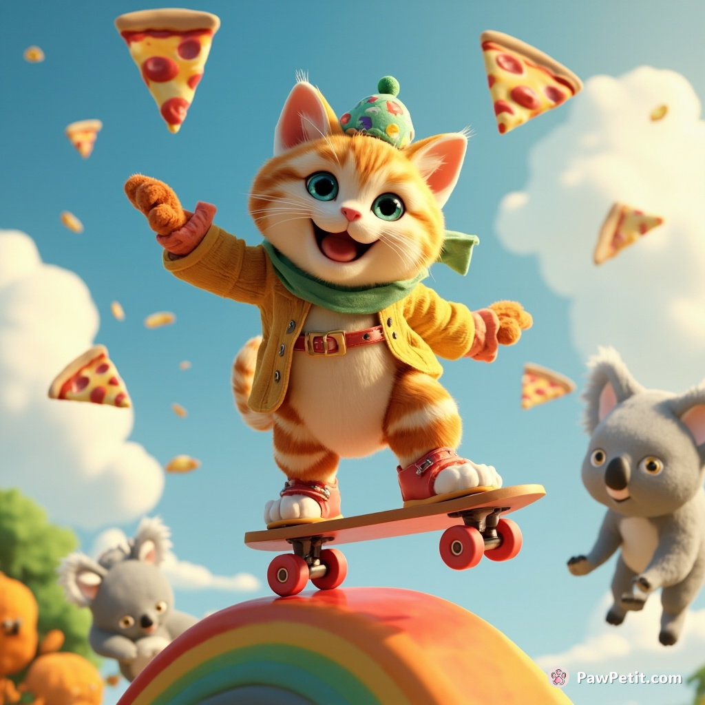 A cat roller-skating on a rainbow, tossing pizza slices to floating koalas.