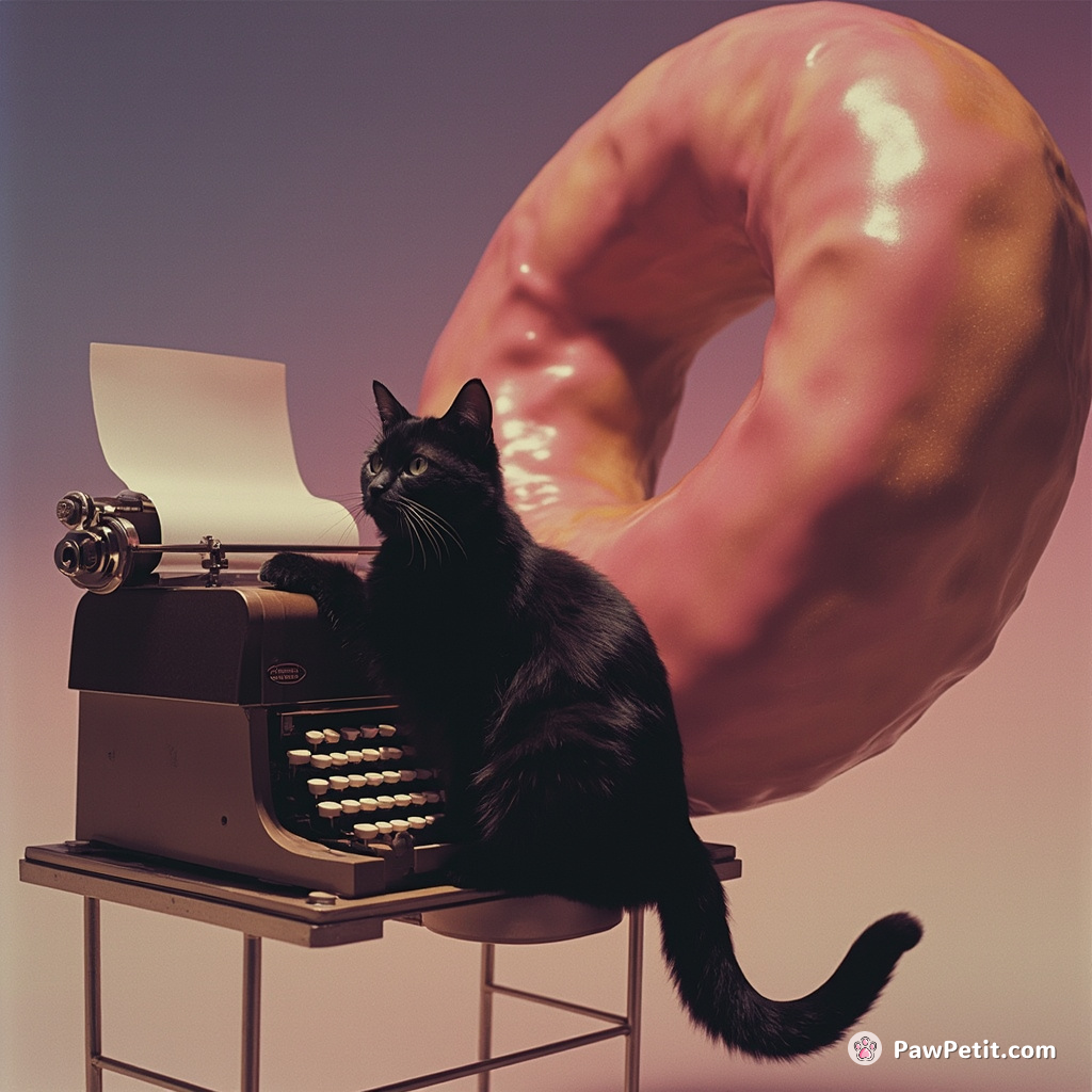 A black cat operating a vintage typewriter with its tail inside a giant donut floating in zero gravity.