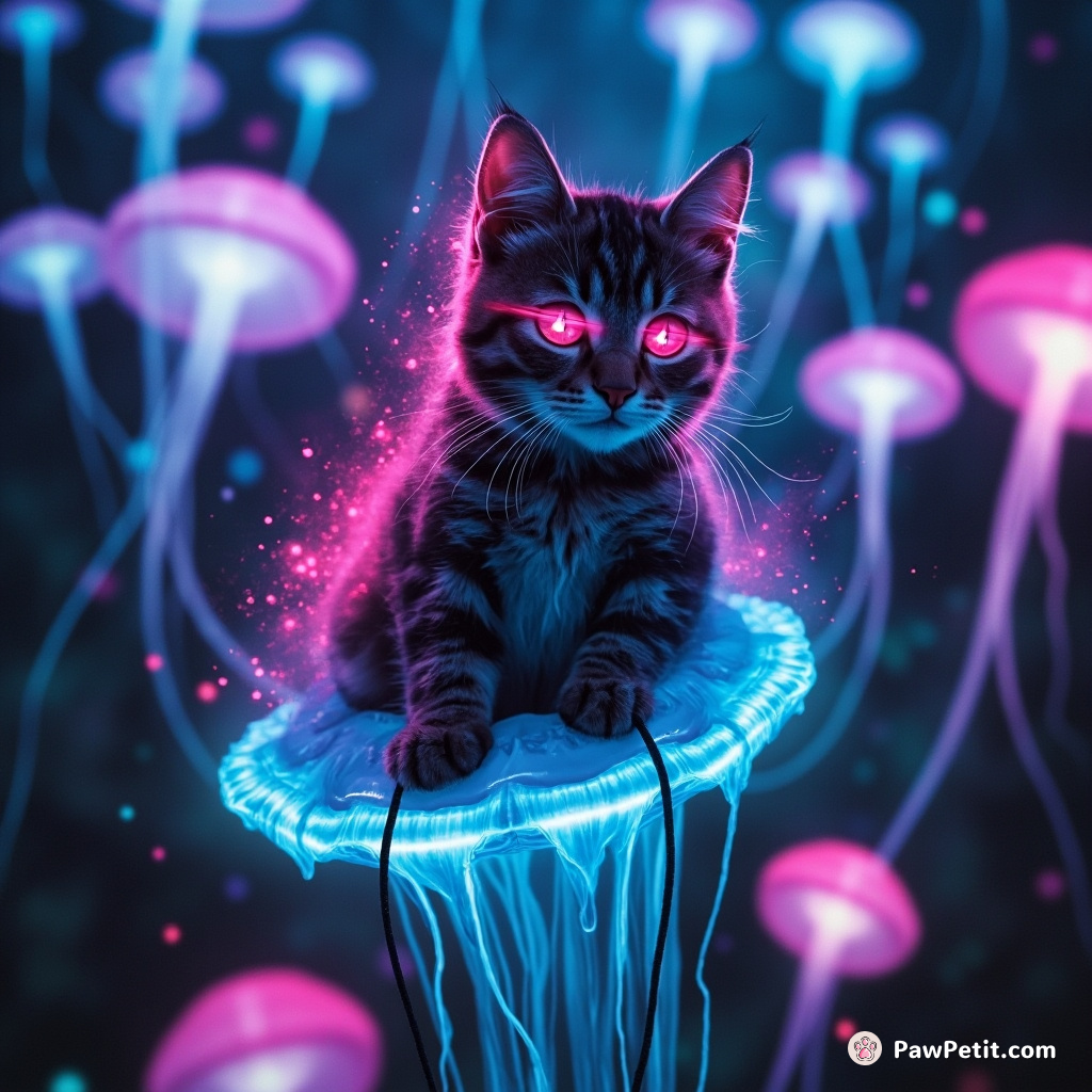 A neon graffiti-spraying tabby cat tethered on a floating jellyfish in the middle of a luminescent mushroom forest.