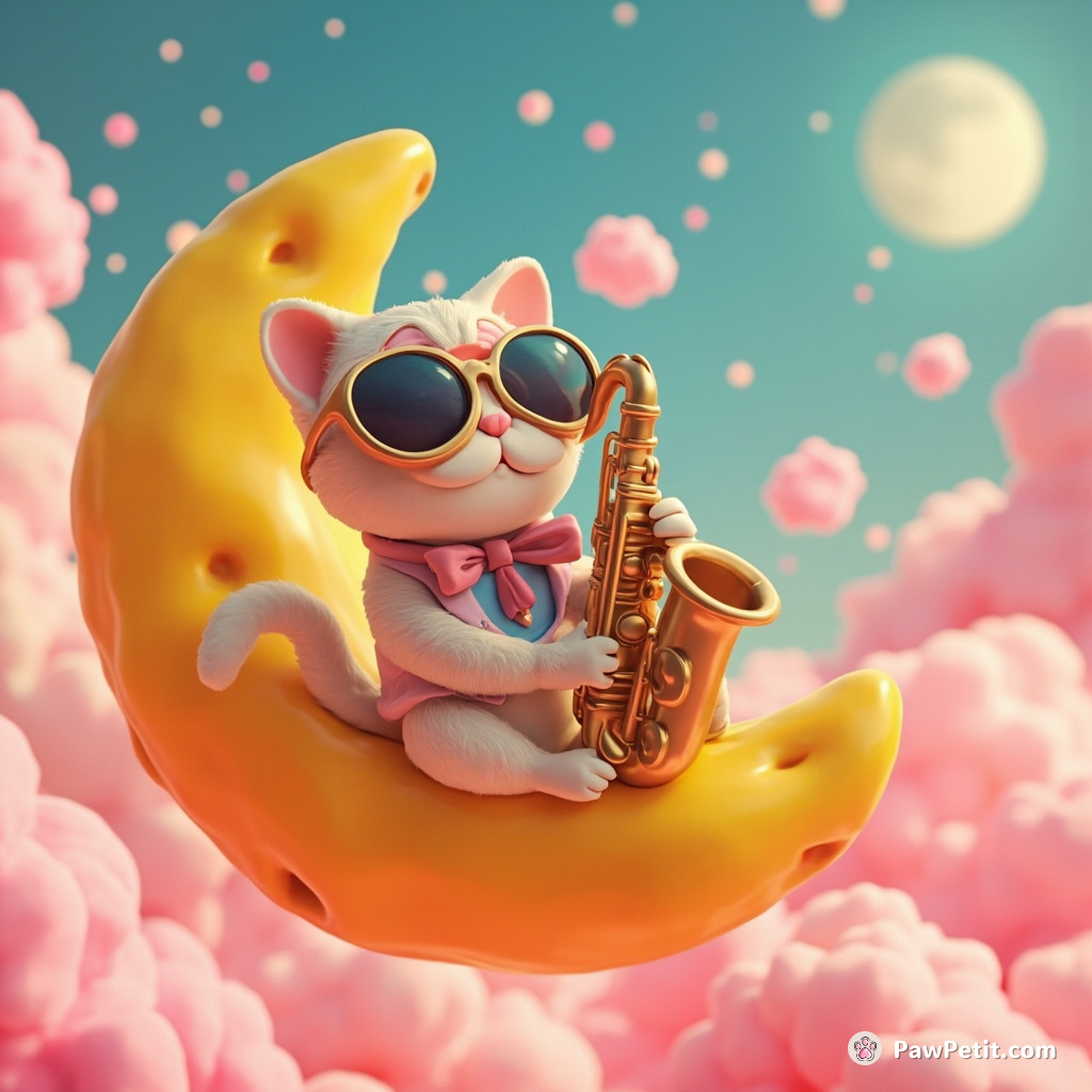 A 1920s jazz cat playing the saxophone on a floating cheese moon, under a sky made of pink cotton candy.