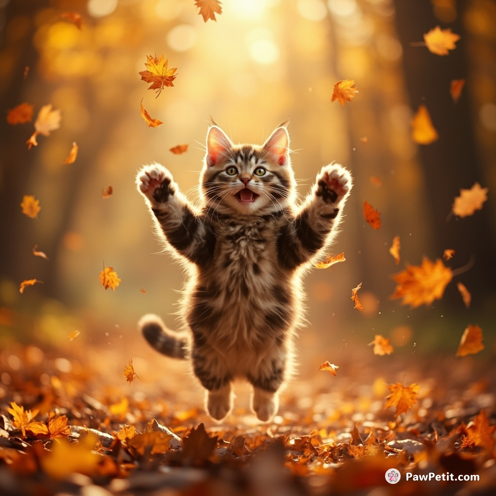 Cat leaps skyward, sheer ecstasy enveloping her as she pounces gloriously on the whispering confusion of falling autumn leaves.