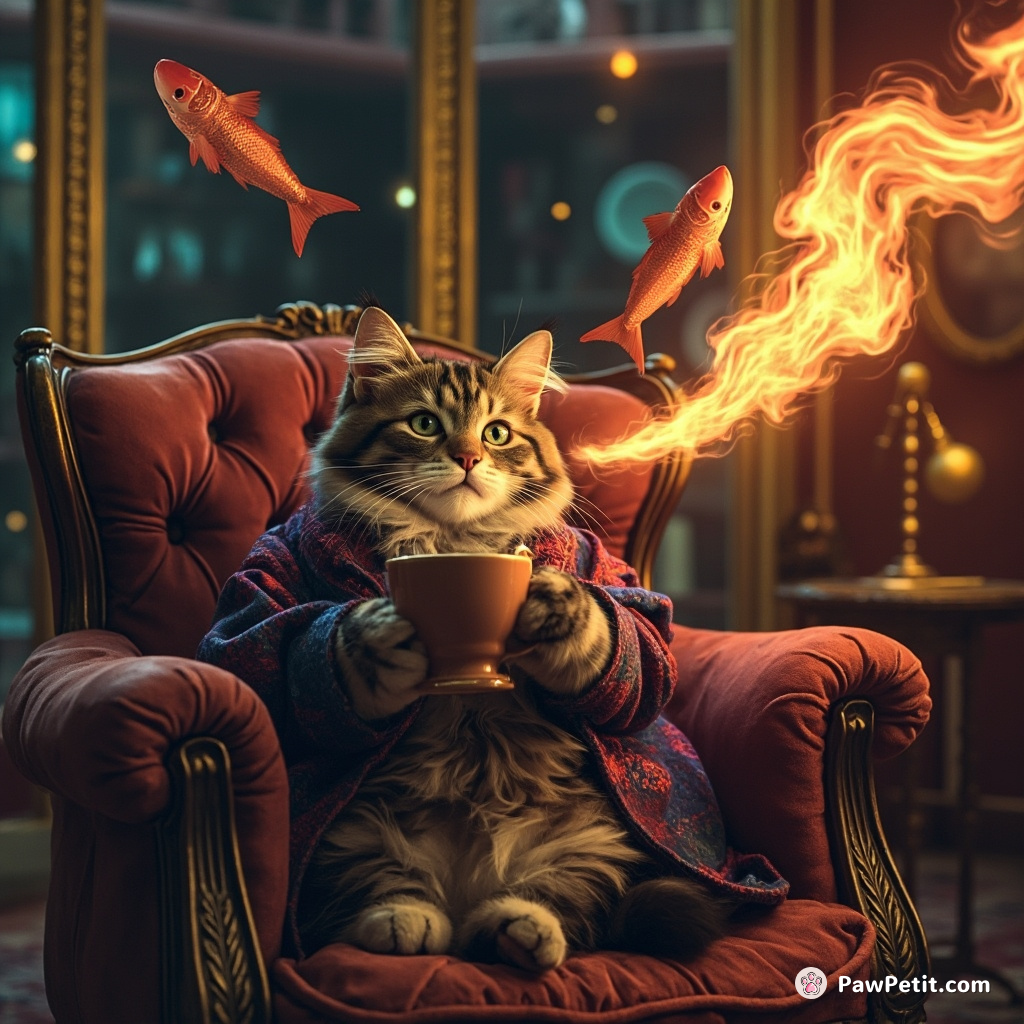 Cat sipping galaxy-flavored tea in a zero-gravity Victorian parlor while juggling flaming fish.