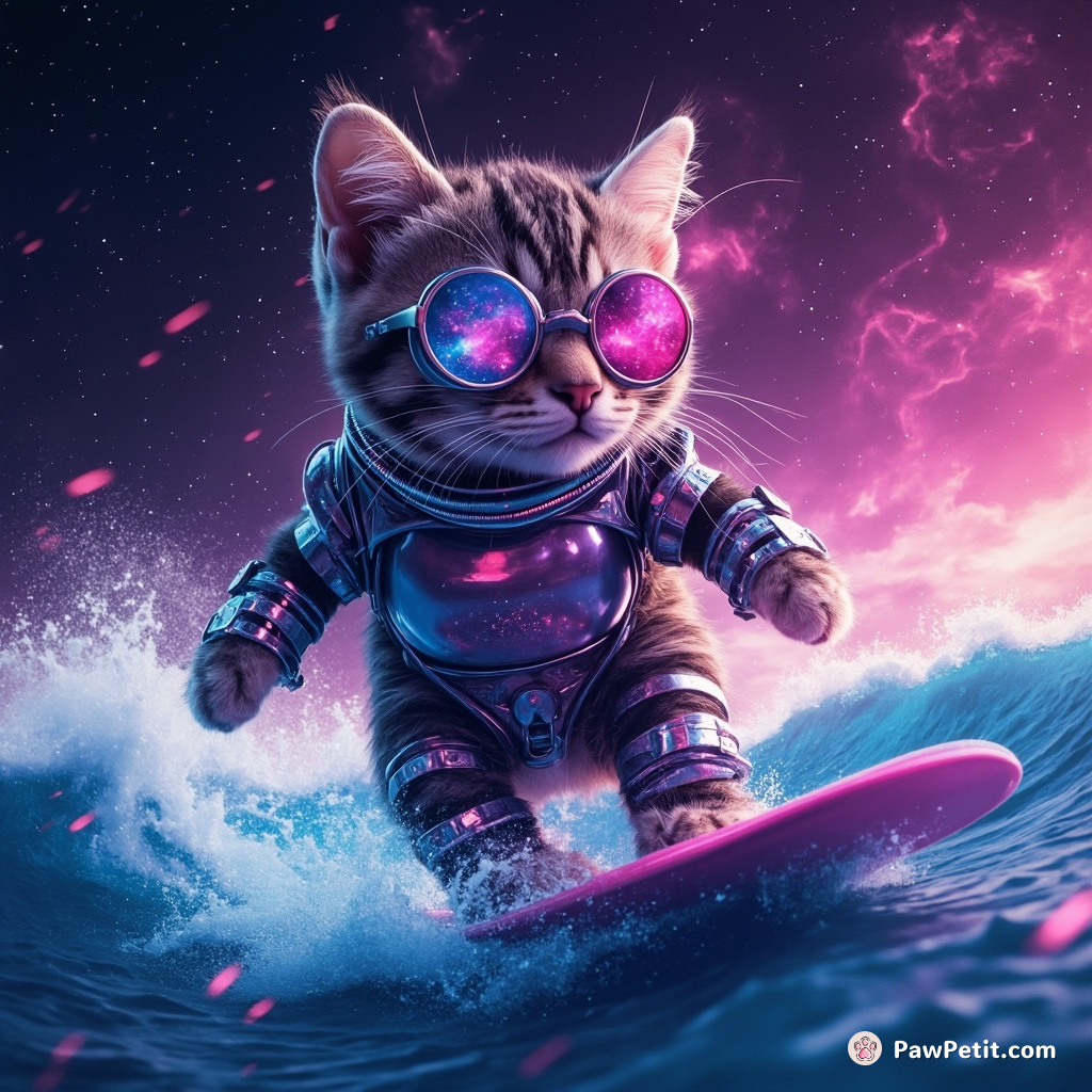Cybernetic supercat surfing a nebula wave, with constellations reflections in its metallic fur.